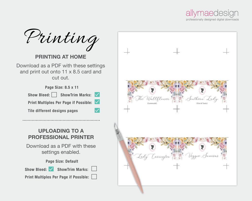 Floral business card design with printing instructions on a white background