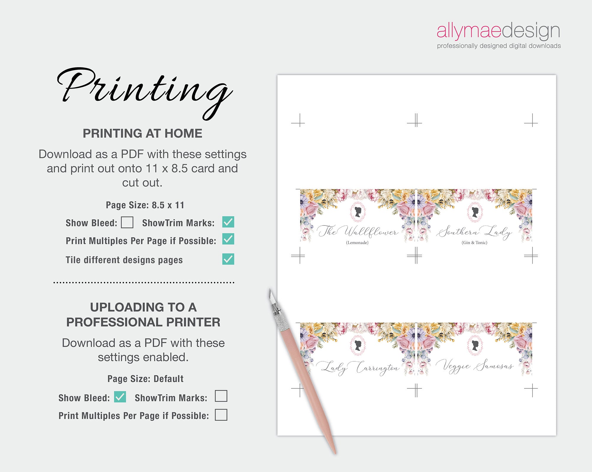 Floral business card design with printing instructions on a white background