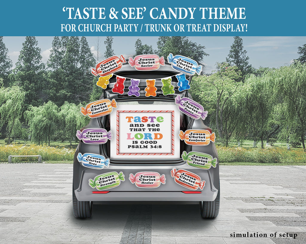 A digital mockup showing a car trunk decorated with colorful candy-themed signs and banners for a church party or treat display, set against a background of a park with trees.