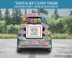 A digital mockup showing a car trunk decorated with colorful candy-themed signs and banners for a church party or treat display, set against a background of a park with trees.