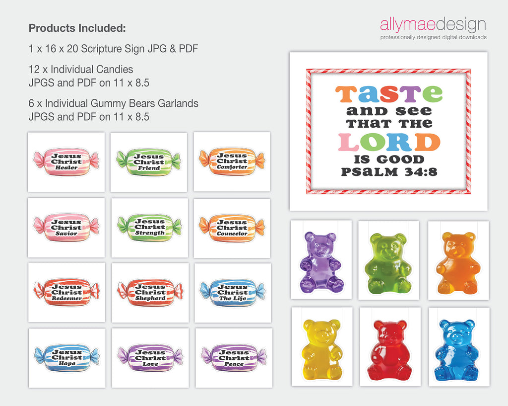 A digital product preview sheet for 'allymaedesign' featuring customizable scripture sign and candy designs. The left side lists included items: one 16x20 script sign JPG/PDF, 12 individual candies JPGS/PDFs, and 6 individual gummy bears garlands JPGS/PDFs.
