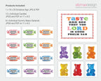 A digital product preview sheet for 'allymaedesign' featuring customizable scripture sign and candy designs. The left side lists included items: one 16x20 script sign JPG/PDF, 12 individual candies JPGS/PDFs, and 6 individual gummy bears garlands JPGS/PDFs.