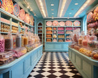 A bright candy shop interior with pastel blue display counters, shelves filled with assorted sweets, large decorative lollipops on the walls, and a black-and-white checkered floor.