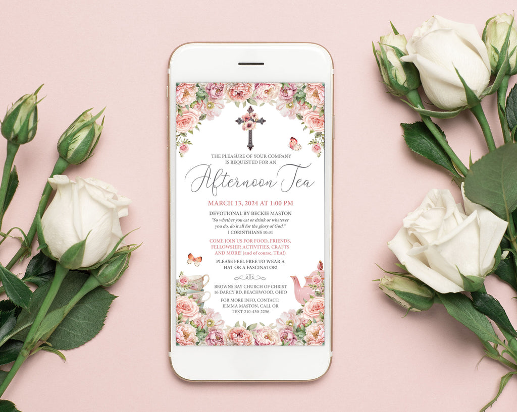 mobile Phone displaying an afternoon tea invitation for a religious event with cross on a pink background with roses.