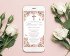 mobile Phone displaying an afternoon tea invitation for a religious event with cross on a pink background with roses.