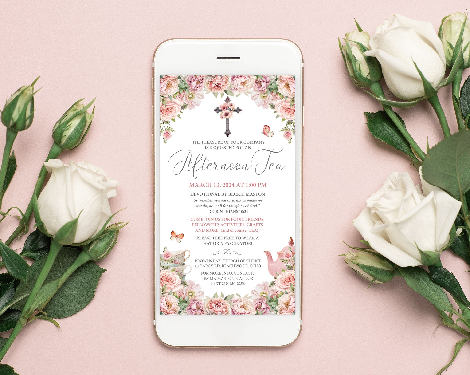 mobile Phone displaying an afternoon tea invitation for a religious event with cross on a pink background with roses.