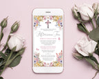 smart Phone displaying an afternoon tea invitation with pastel floral design on a pink background with roses.