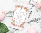 blush pink church event ladies tea invitation showing on a white mobile phone laying on a marble background next to a rosary and pink flowers