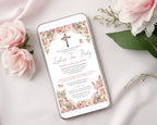 pretty blush pink church ladies afternoon tea invitation on a mobile screen laying on a white cloth next to pink flowers