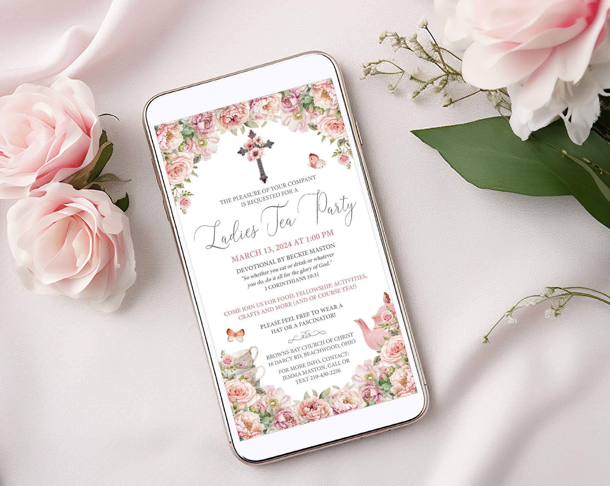 pretty blush pink church ladies afternoon tea invitation on a mobile screen laying on a white cloth next to pink flowers