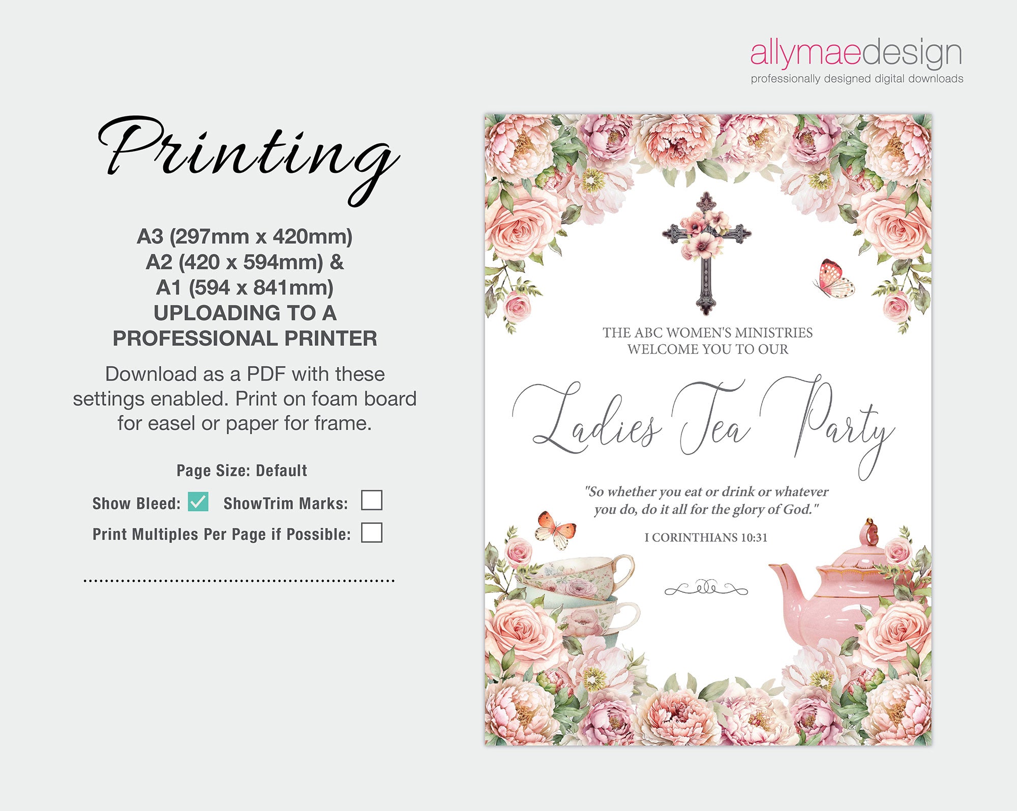 instructions on how to print the church tea party blush pink welcome sign
