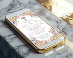 gold mobile phone showing a church ladies tea invitation with pastel flowers, cross, teapot and butterflies laying on a marble background