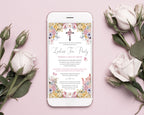 elegant church event invitation showing on a white mobile phone laying on a pink background with white roses
