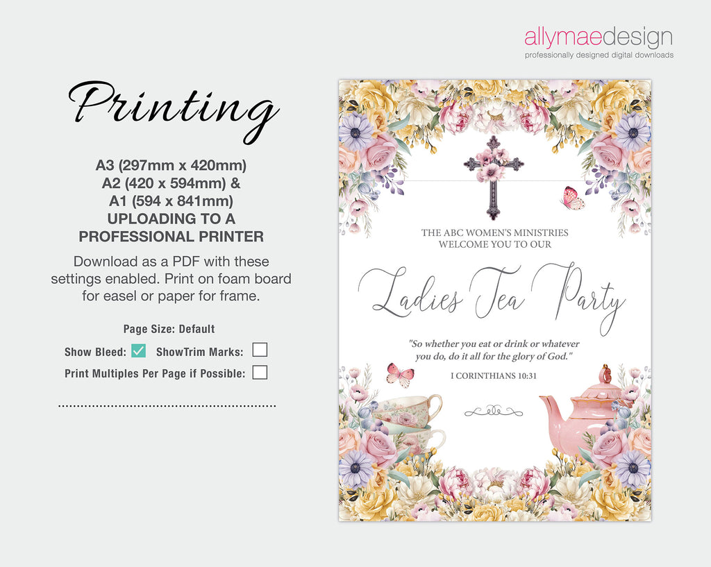 instructions on how to print the church tea party welcome sign