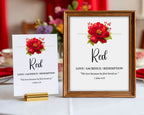 a 5 x 7 table card and a 8 x 10 sign both with red flower and scripture for a Church Rainbow Tea, sitting on a table with red napkins and curtains in the background