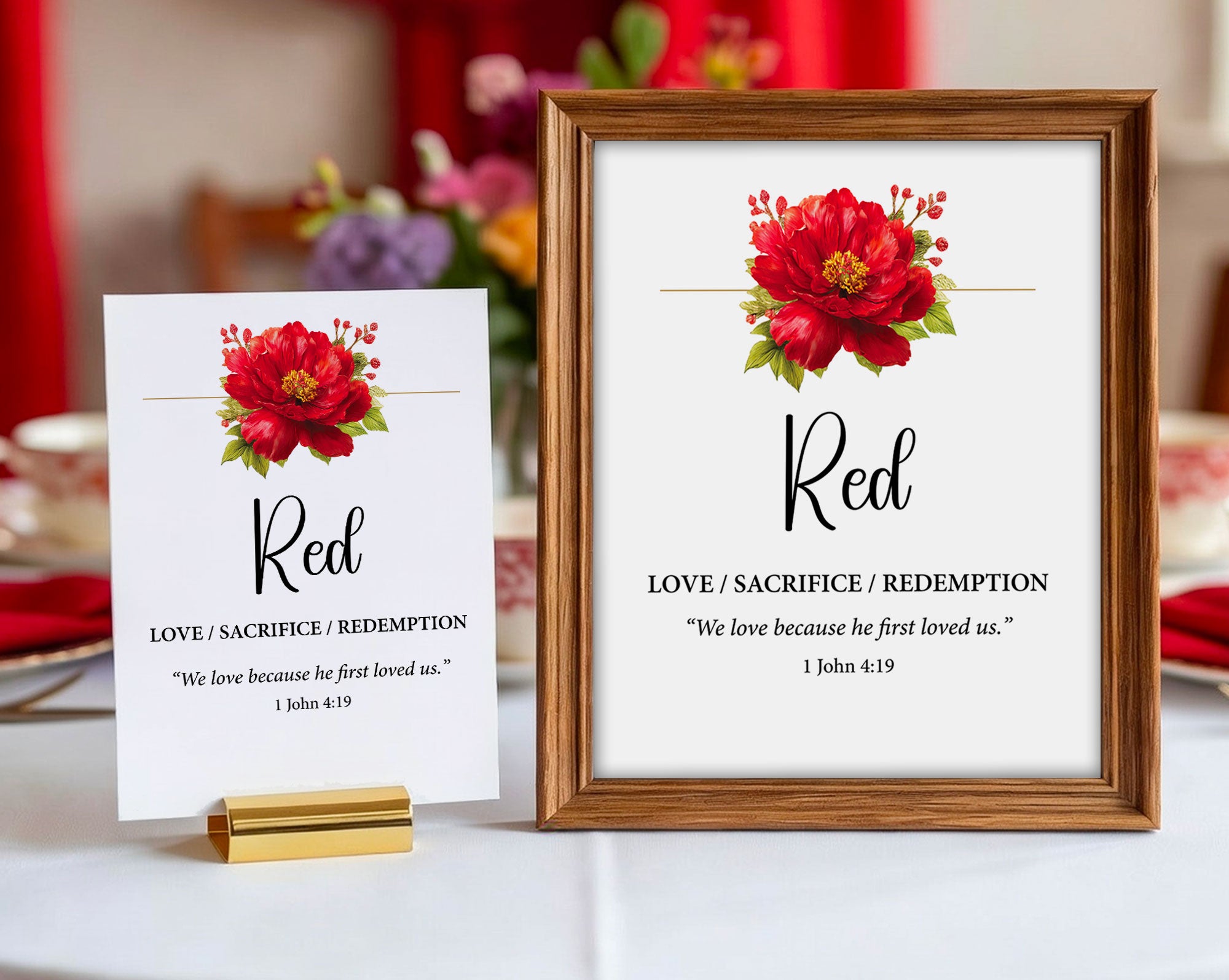 a 5 x 7 table card and a 8 x 10 sign both with red flower and scripture for a Church Rainbow Tea, sitting on a table with red napkins and curtains in the background