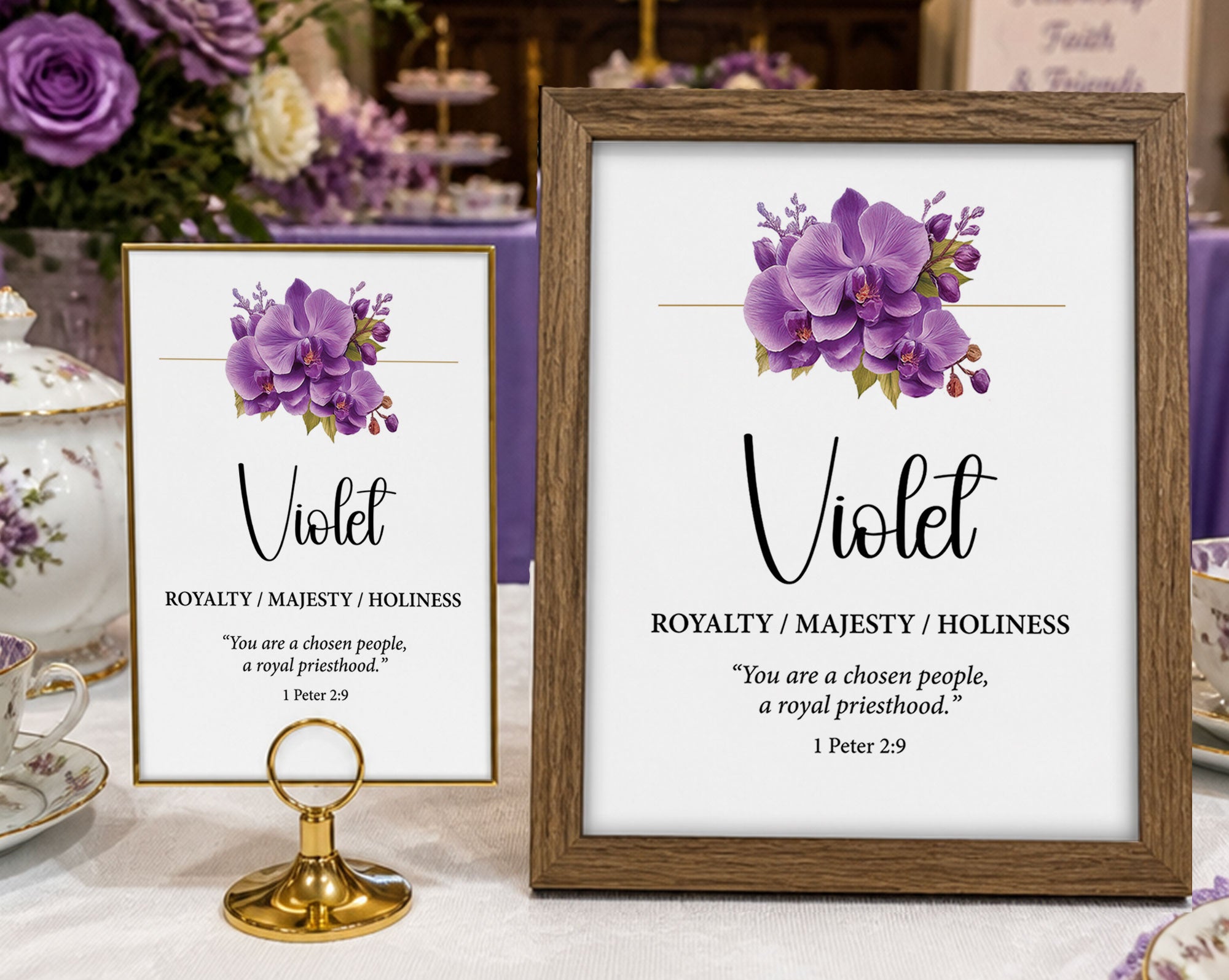a 5 x 7 table card and a 8 x 10 framed sign with violet colored flower and scripture, on a white table with purple and white tea setting in the background