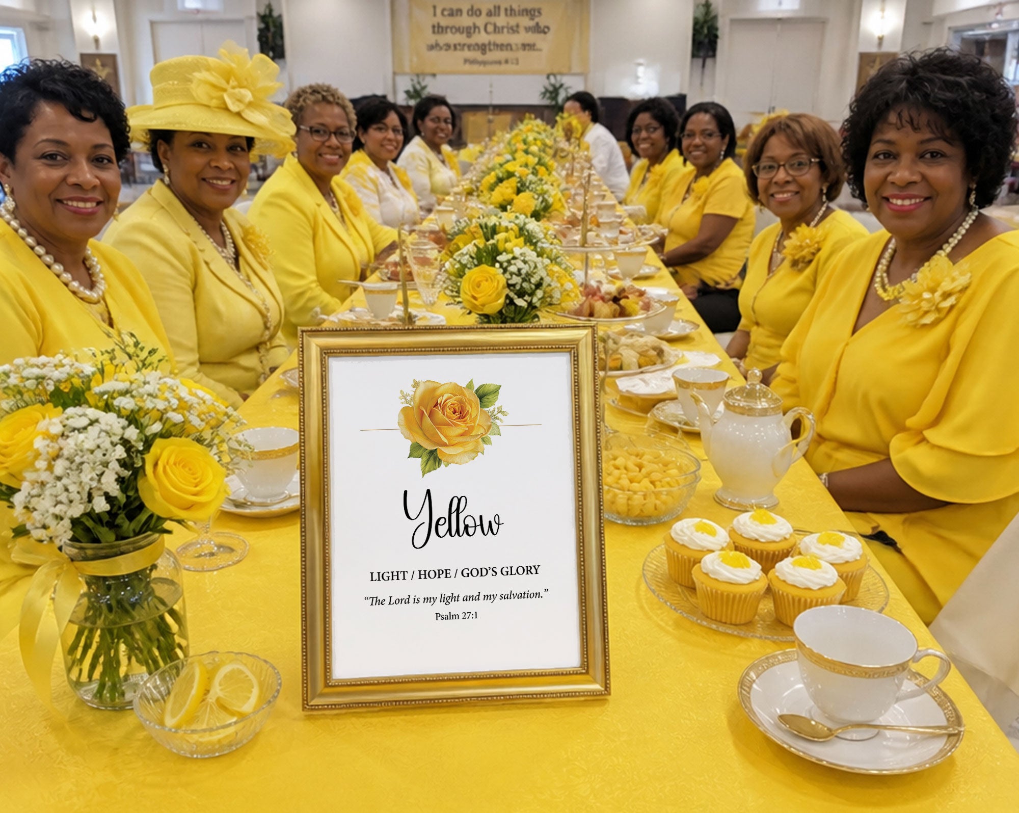 african american ladies dressed in bright yellow at a bright yellow table for a Church Ladies Rainbow tea, with tea party food and a small gold framed table card with a yellow flower and scripture