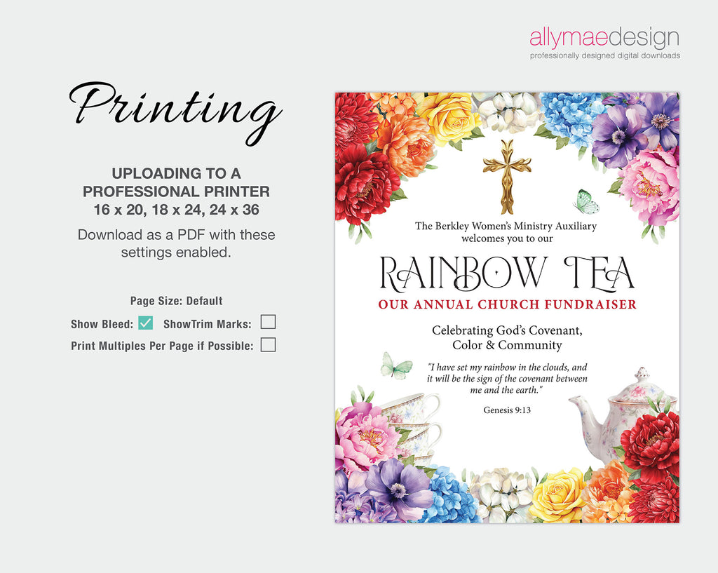instructions on how to print the 24 x 36 rainbow tea welcome signs