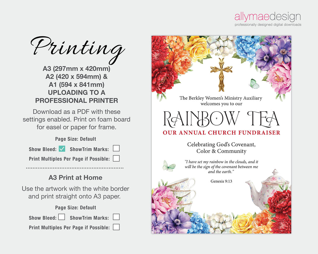 Church Rainbow Tea Welcome Sign, Scripture, Cross, Teapot, A3, A2, A1