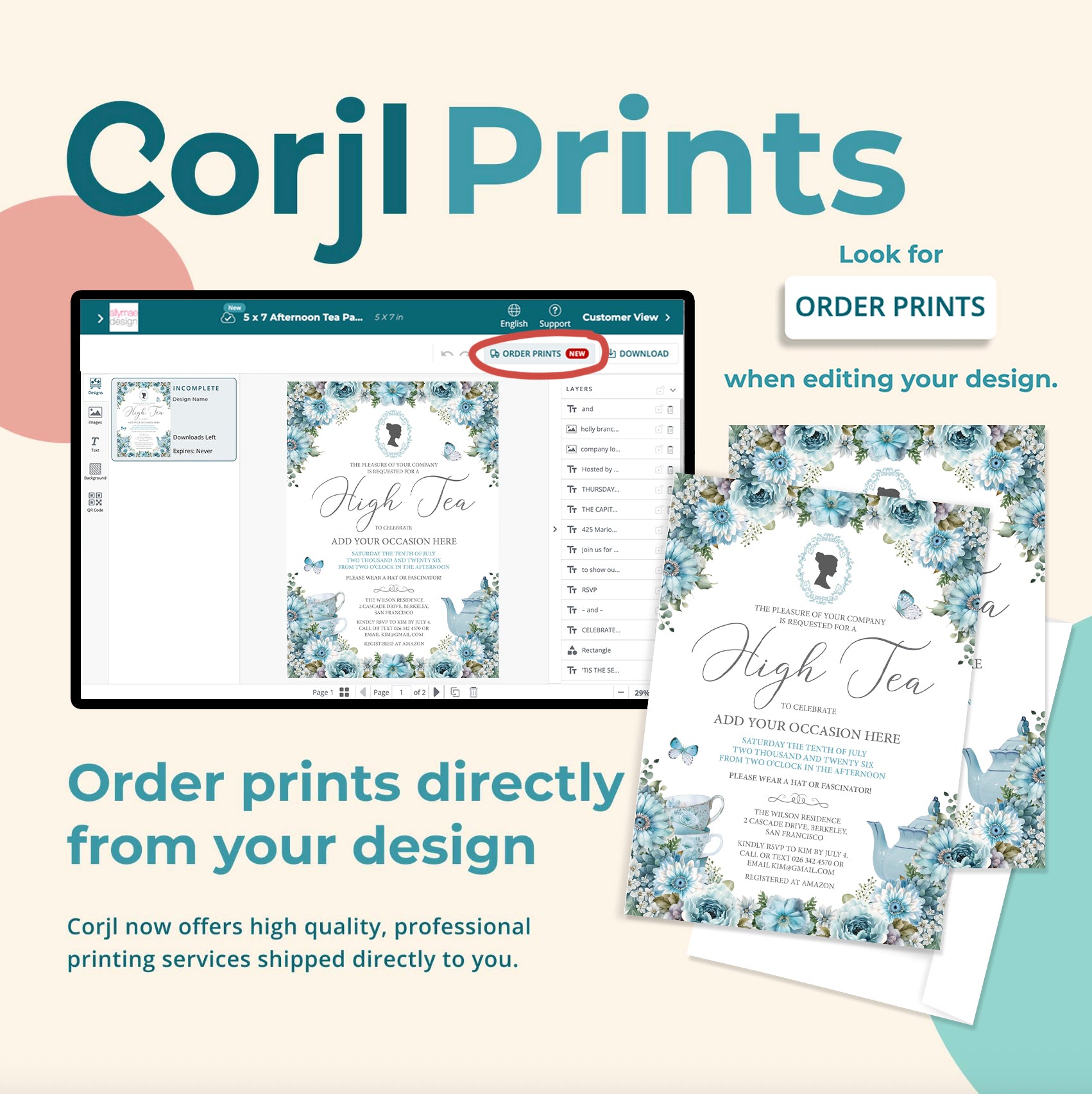 Corjl Prints advertisement with a computer screen displaying design software and printed high tea invitation.