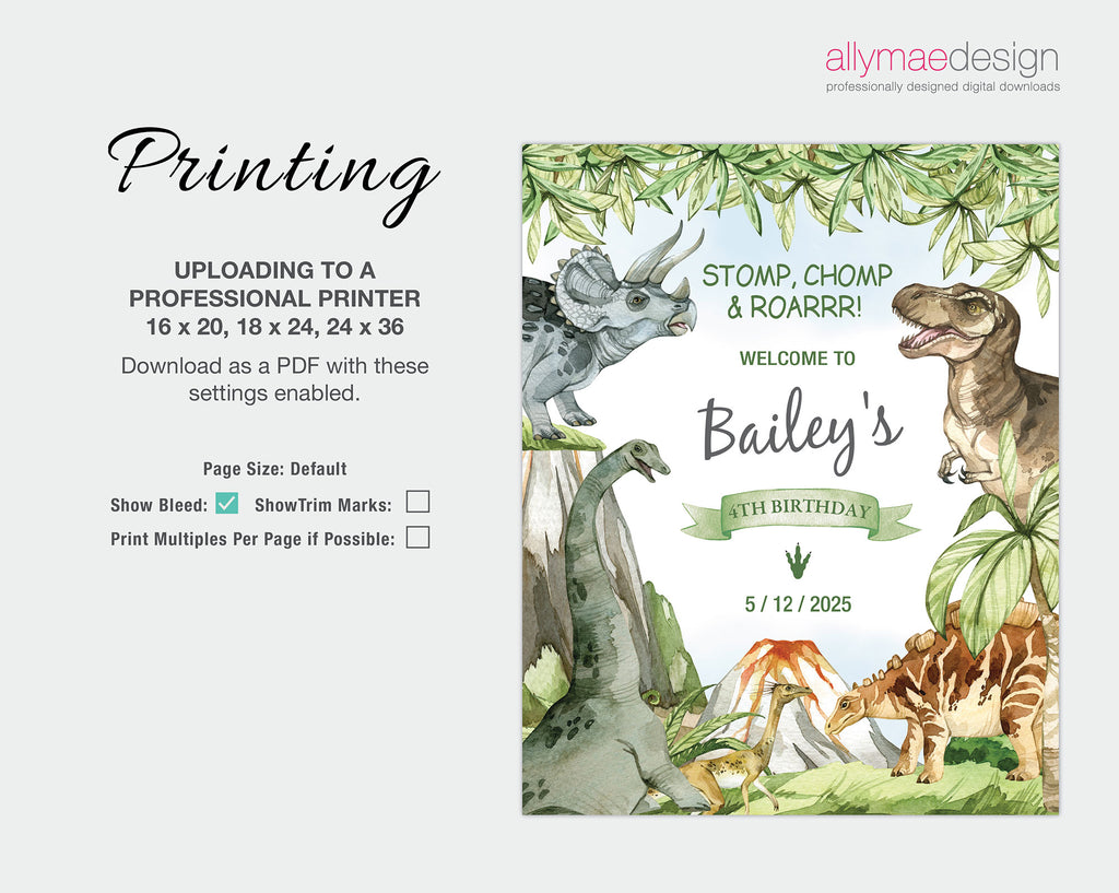 printing instructions for the dinosaur party welcome signs