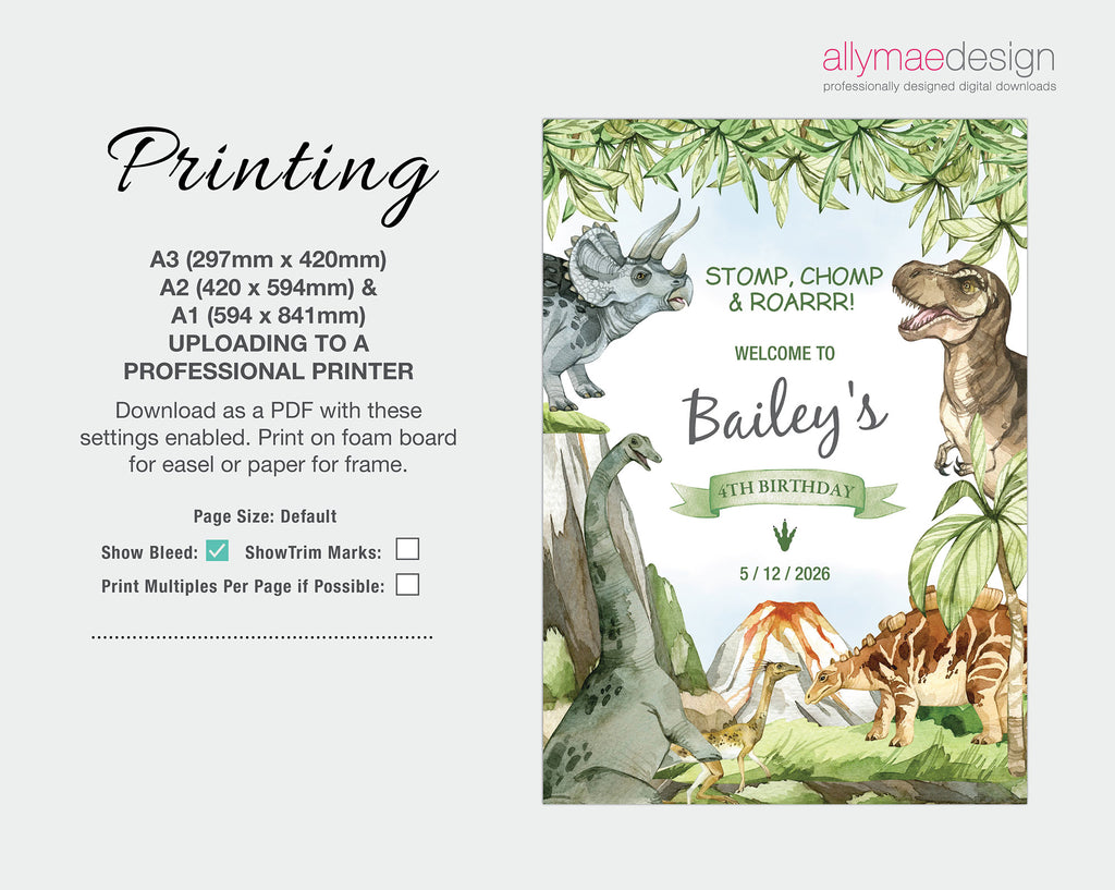 printing instructions for the dinosaur party welcome signs