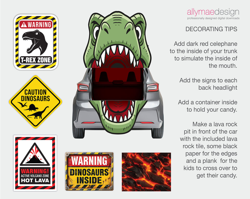 A set of dinosaur-themed car bumper stickers and decals displayed on a white background with decorative tips. The set includes a green T-Rex warning sign, a yellow 'Caution Dinosaurs' sign, a red and black 'Warning Active Volcano Zone Hot Lava' sign, a yellow 'Dinosaurs Inside' sign, and a red and black 'Warning' sign with lava texture.
