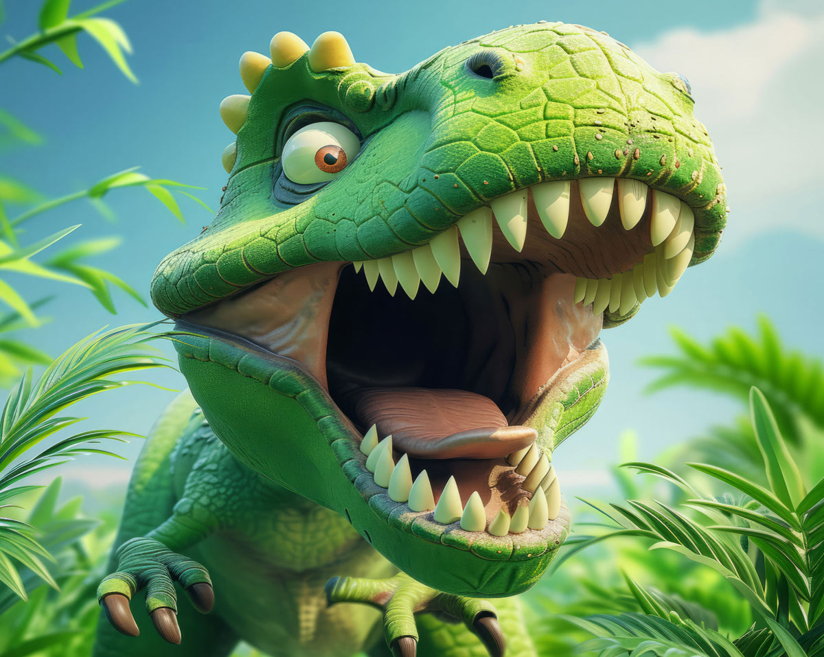 A close-up of a green cartoon T-rex dinosaur with its mouth wide open, surrounded by lush green plants and a blue sky background.