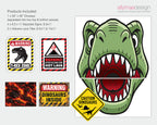 Dinosaur warning sign set featuring a green T-rex head graphic, two 'T-REX ZONE' signs, two 'DINOSAURS INSIDE' volcano-themed signs, and a yellow 'CAUTION DINOSAURS' sign, with product details and the AllymaeDesign logo.