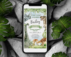 Dinosaur party invitation showing on the screen of a mobile phone that is lying on some grey stones surrounded by green leaves