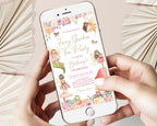 two hands holding a mobile phone with a kid's birthday fairy tea invitation showing on the screen with beige dried leaves in the background