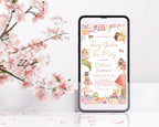 pretty fairy tea invitation showing on the screen of mobile phone that is leaning up against a small wall next to some cherry blossoms