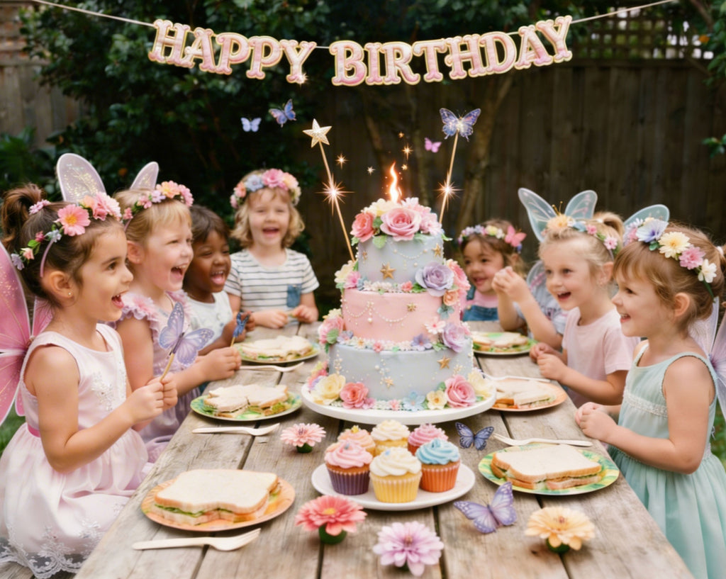 little girls dressed as fairies around an outdoor table with pretty birthday cake and a happy birthday banner in the background