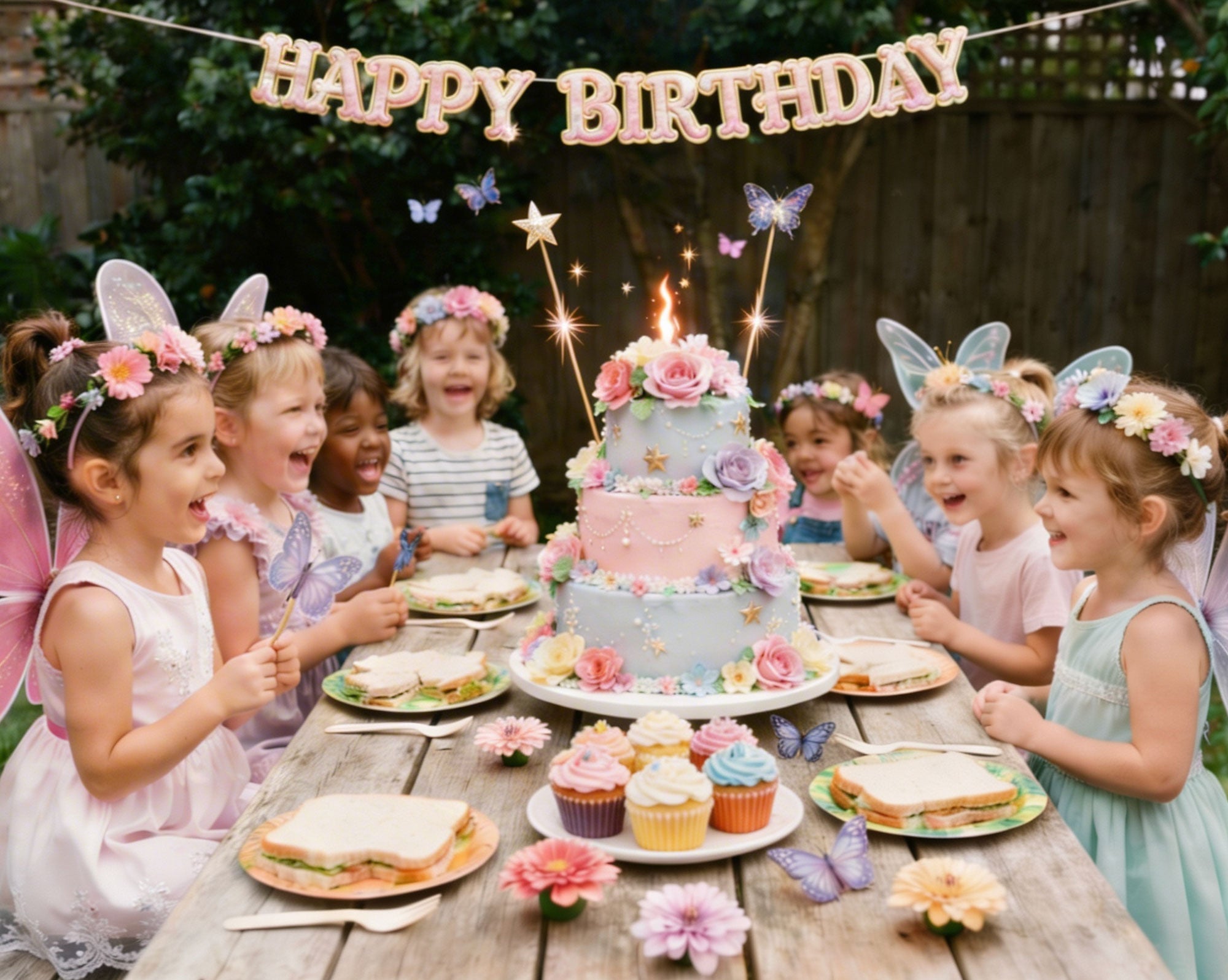 little girls dressed as fairies around an outdoor table with pretty birthday cake and a happy birthday banner in the background