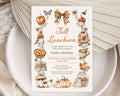 A fall-themed luncheon invitation card with watercolor illustrations of pumpkins, acorns, a bow, a bird, a sweater, a mug, mushrooms, and autumn leaves, styled on a white plate with neutral fabric props.