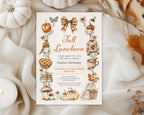 A fall-themed birthday invitation card for 'Nadia's Birthday' featuring autumn illustrations like pumpkins, a gnomes hat, a pie, and leaves, styled on a draped cream fabric with white pumpkins and dried leaves.