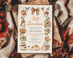 A fall-themed birthday invitation card styled in a flat lay with autumn leaves, burlap fabric, and small decorative props. The card features illustrated pumpkins, acorns, a bird, a mug, mushrooms, and the text 'Fall Luncheon' and event details.