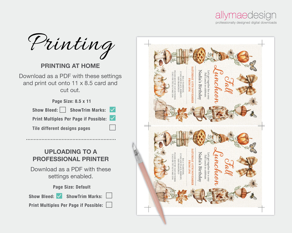A digital printable fall-themed luncheon invitation template shown on a light gray background with printed instructions on the left and a cutting blade as a prop. The invitation features a cream base with orange script text reading 'Fall Fun' and illustrated pumpkins, acorns, leaves, and small decorative elements.