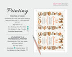 A digital printable fall-themed luncheon invitation template shown on a light gray background with printed instructions on the left and a cutting blade as a prop. The invitation features a cream base with orange script text reading 'Fall Fun' and illustrated pumpkins, acorns, leaves, and small decorative elements.