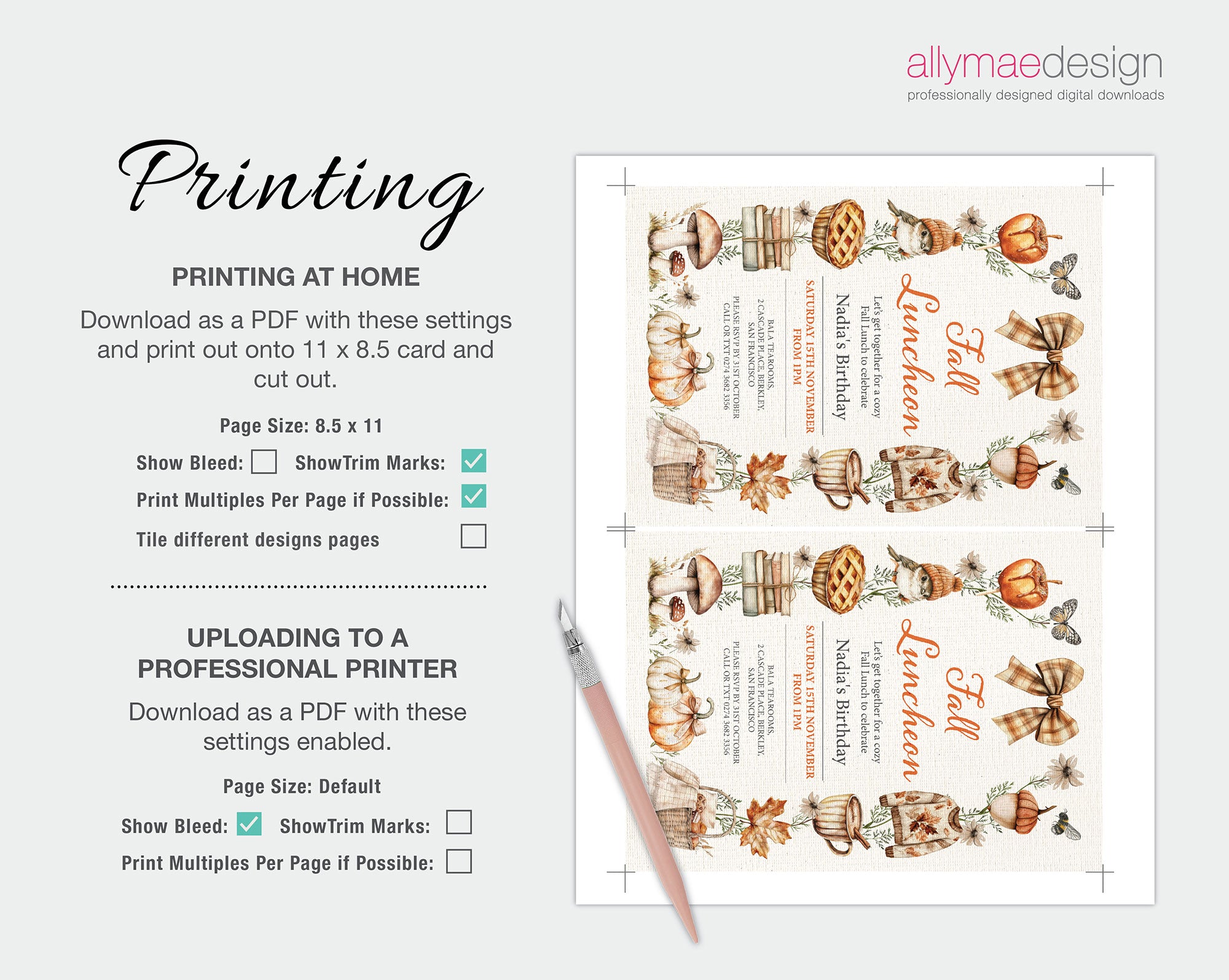 A digital printable fall-themed luncheon invitation template shown on a light gray background with printed instructions on the left and a cutting blade as a prop. The invitation features a cream base with orange script text reading 'Fall Fun' and illustrated pumpkins, acorns, leaves, and small decorative elements.