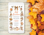 A tablet on a light wood surface displaying a Fall Luncheon invitation with autumn illustrations, surrounded by scattered orange and yellow fall leaves.