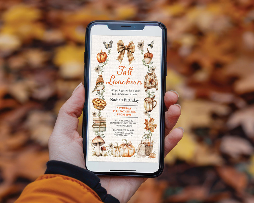 Cozy Fall Luncheon Mobile Invite with Autumn Style Graphics, Pie, Mushrooms, Bird