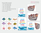 Product listing graphic for a digital printable set titled 'Follow Me and I Will Make You Fishers of Men' by allymaedesign. The layout shows text listing included PDF cut lines and sizes, plus multiple preview cards and illustrations: a scripture sign, a scriptural fish sign, a fish boat sign, fish and sea creature signs, and a shell sign.