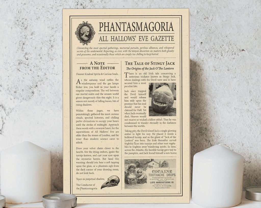 A vintage-style 4 page newspaper 'Phantasmagoria: All Hallows' Eve Gazette' displayed against a textured white wall, with small metallic candle holders partially visible at the bottom.
