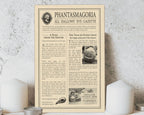 A vintage-style 4 page newspaper 'Phantasmagoria: All Hallows' Eve Gazette' displayed against a textured white wall, with small metallic candle holders partially visible at the bottom.