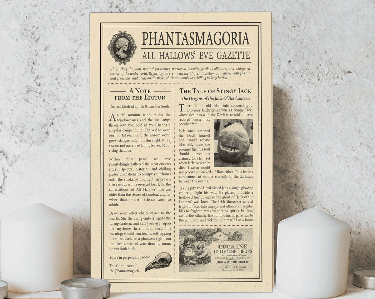 A vintage-style 4 page newspaper 'Phantasmagoria: All Hallows' Eve Gazette' displayed against a textured white wall, with small metallic candle holders partially visible at the bottom.