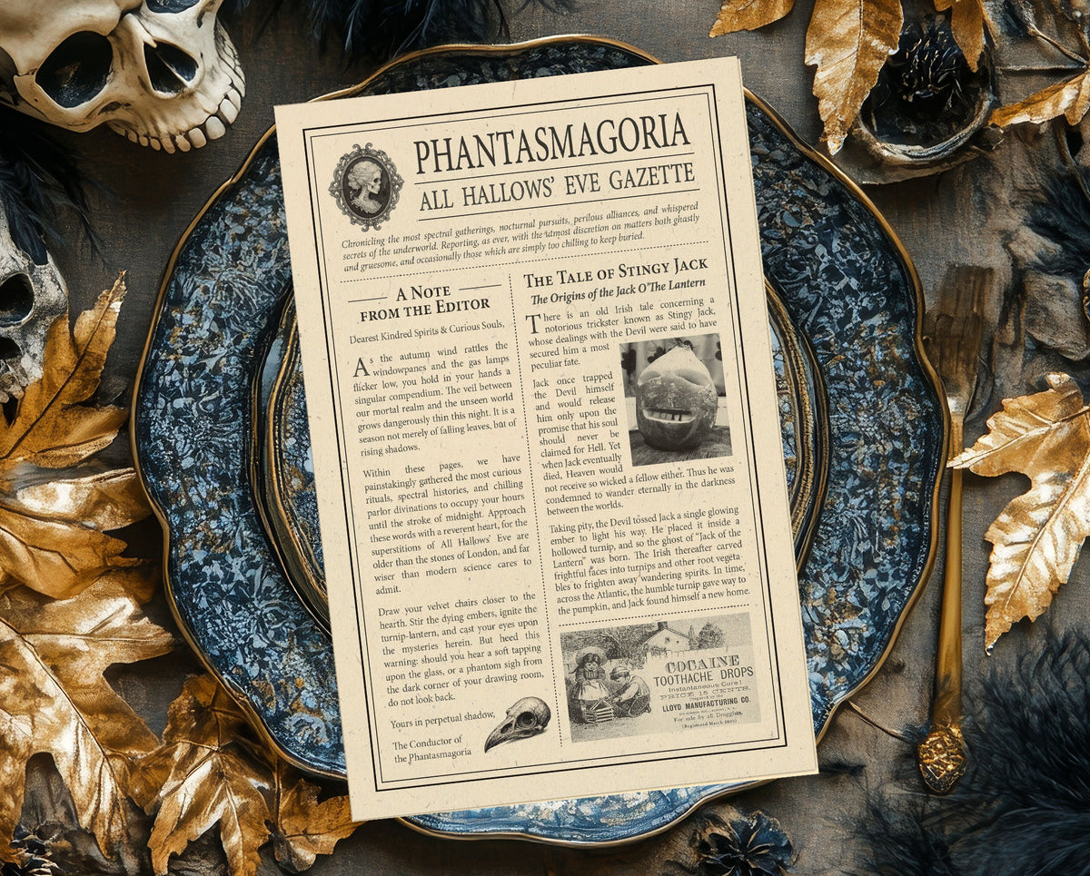 A vintage-style printed magazine or newspaper titled "Phantasmoria: All Hallows Eve Gazette" is displayed on a blue patterned plate, surrounded by autumn leaves, a skull, and dark feathers in a styled flat-lay arrangement.