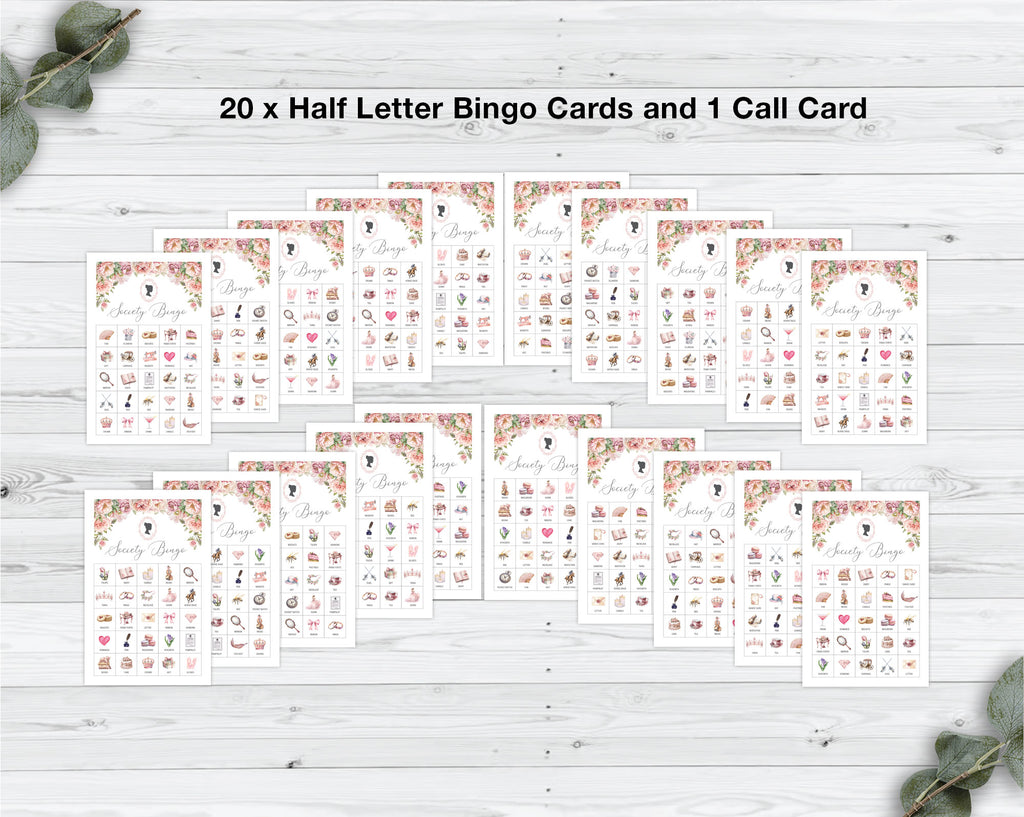 20 half-letter bingo cards and 1 call card on a wooden surface with decorative elements.
