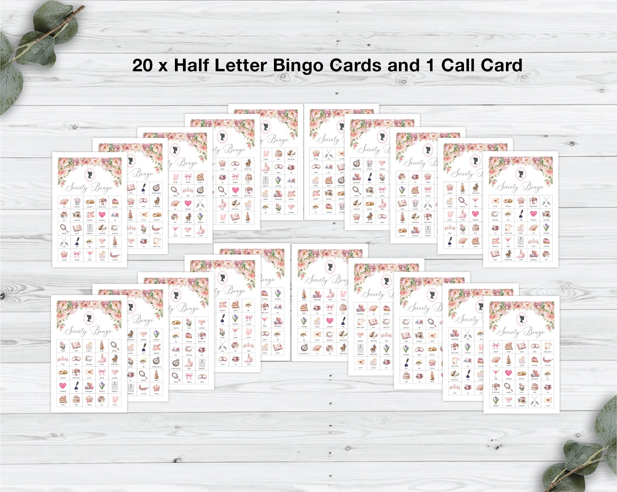 20 half-letter bingo cards and 1 call card on a wooden surface with decorative elements.